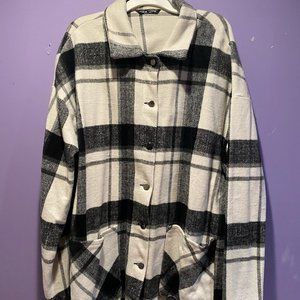 Super Soft Black & White Flannel Coat - Shein